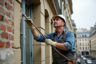 Hommes en overalls appliquant du stucco sur une façade parisienne