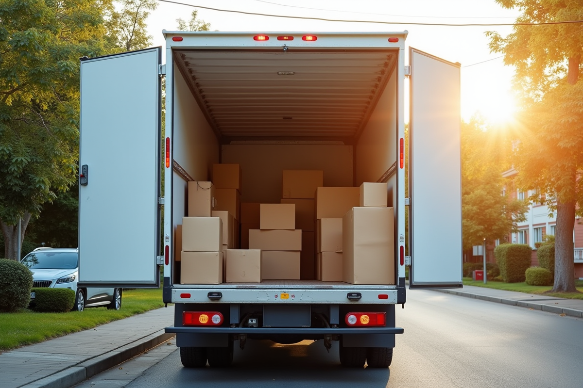 Camion de déménagement spacieux avec portes ouvertes