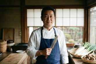 Chef japonais en uniforme blanc avec couteau artisanal