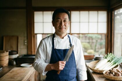 Chef japonais en uniforme blanc avec couteau artisanal