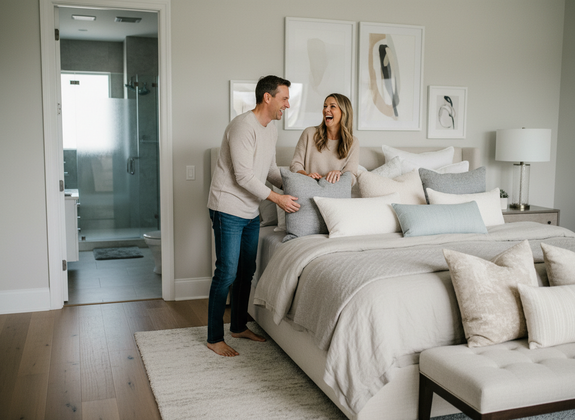 Couple arrangeant des coussins sur un lit moderne