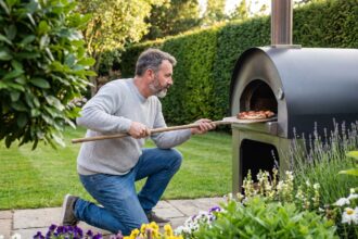 Homme d'âge moyen préparant une pizza dans un four extérieur