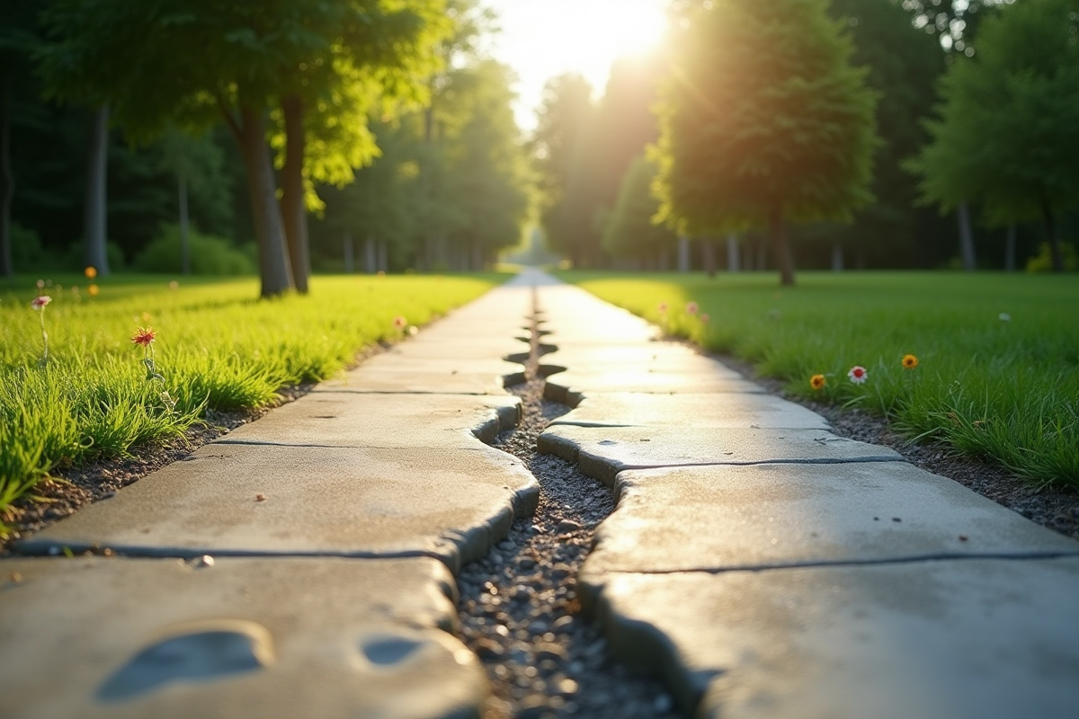 Allée en béton avec une fissure large et ombrages verts