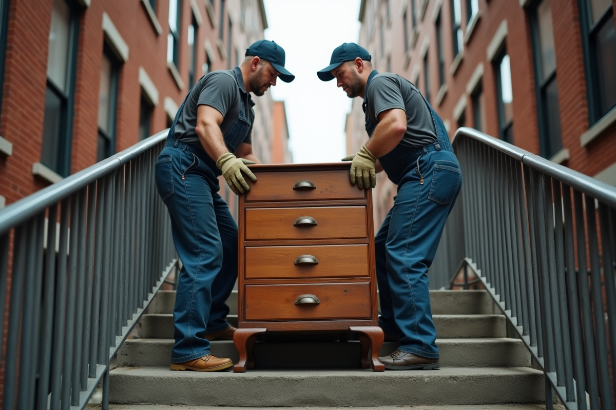Deux hommes en travaux portant un meuble dans un escalier extérieur