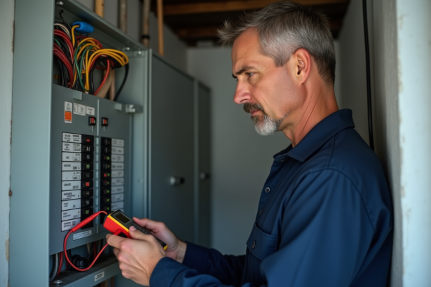 Électricien milieu âge vérifiant câblage électrique maison