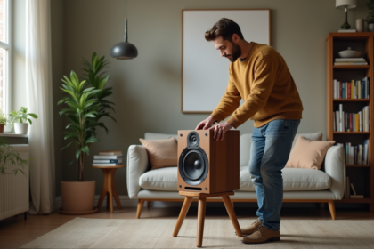 Homme ajustant une enceinte dans un salon chaleureux