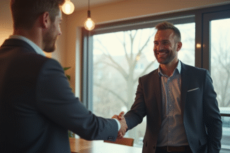 Entrepreneur confiant serrant la main d'un client satisfait dans un bureau lumineux