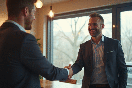 Entrepreneur confiant serrant la main d'un client satisfait dans un bureau lumineux