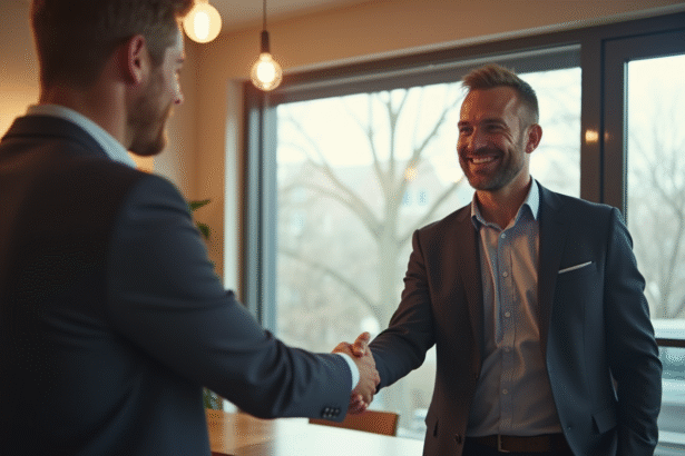 Entrepreneur confiant serrant la main d'un client satisfait dans un bureau lumineux