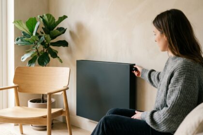 Femme ajustant un chauffage mural moderne dans un salon scandinave