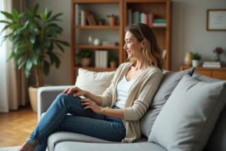Femme d'âge moyen testant la fermeté d'un coussin de canapé