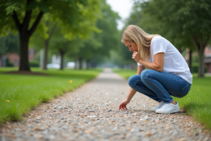 Femme regardant un chemin de gravier dans un parc urbain