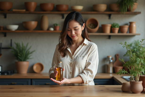 Femme versant de l'huile végétale dans la main dans une cuisine rustique