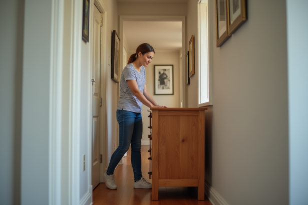 Jeune femme déplaçant un meuble dans un couloir étroit