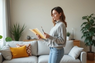 Femme tenant un nuancier dans un salon peint récemment