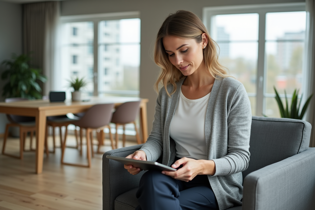 Femme tenant une enceinte portable dans un appartement moderne