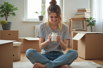 Jeune femme examinant un souvenir de voyage dans un appartement lumineux