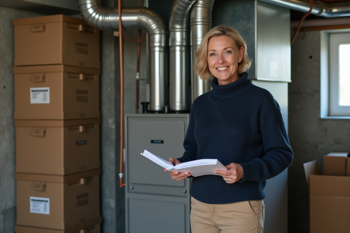Femme dans un sous-sol vérifiant une chaudière à gaz avec manuel