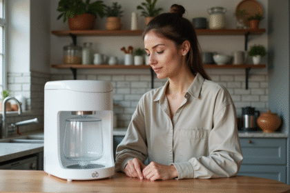 Femme en cuisine évaluant un purificateur d'eau moderne