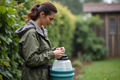 Femme versant de l'eau dans un système de filtration dans un jardin