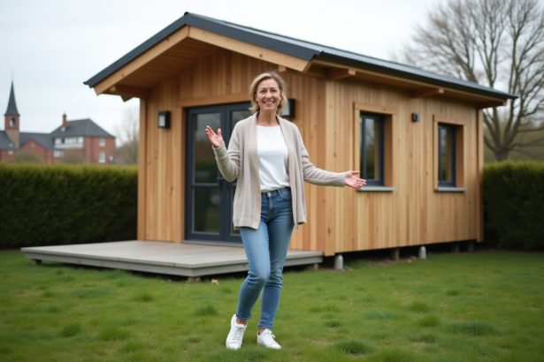 Femme française devant sa petite maison en bois naturel