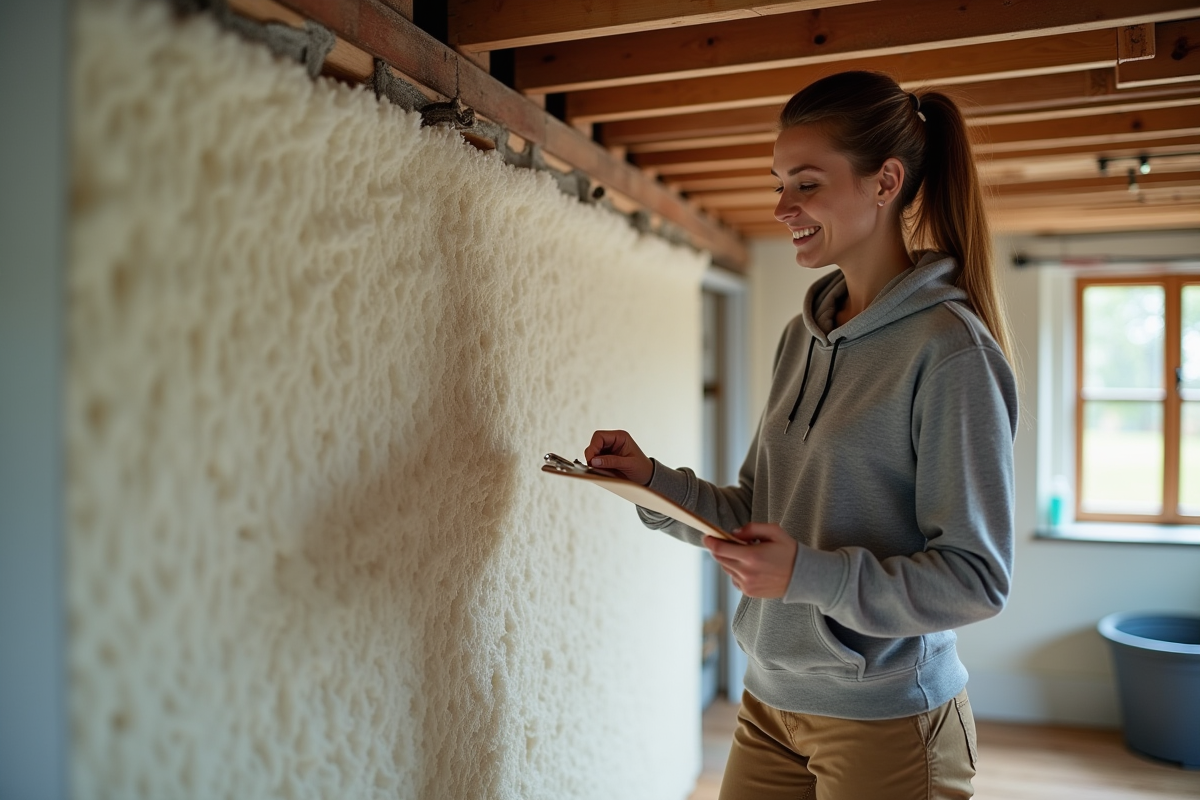 Jeune femme inspecte isolation dans un sous-sol cosy