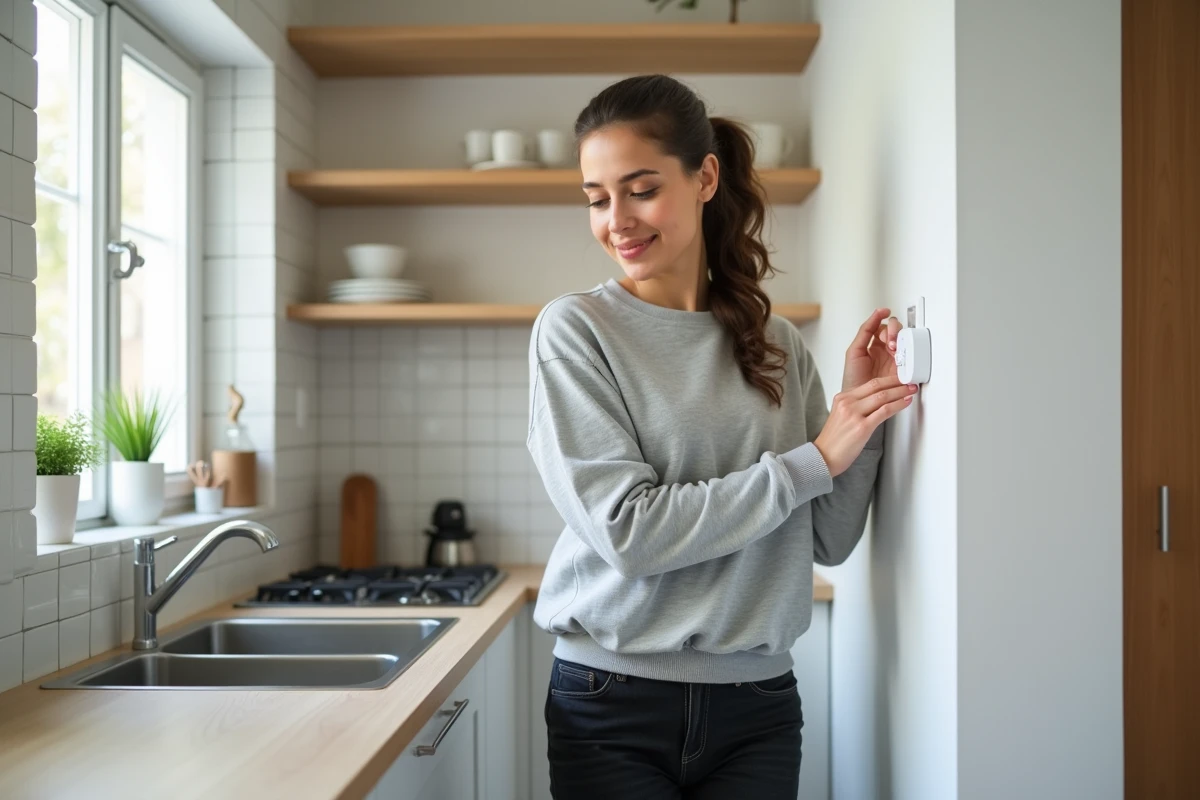 Jeune femme posant un dispositif de protection dans la cuisine