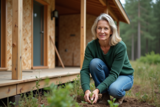 Femme plantant des arbustes devant une maison écologique en bois