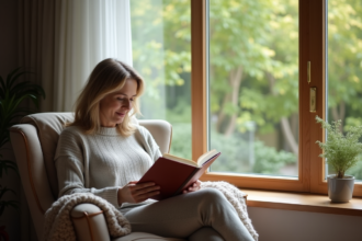 Femme lisant confortablement dans un salon moderne