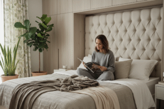 Femme détendue lisant dans une chambre élégante