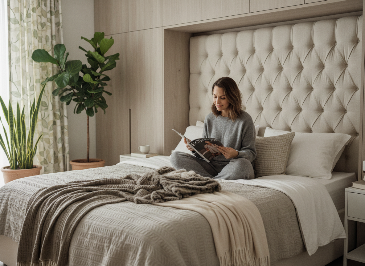 Femme détendue lisant dans une chambre élégante