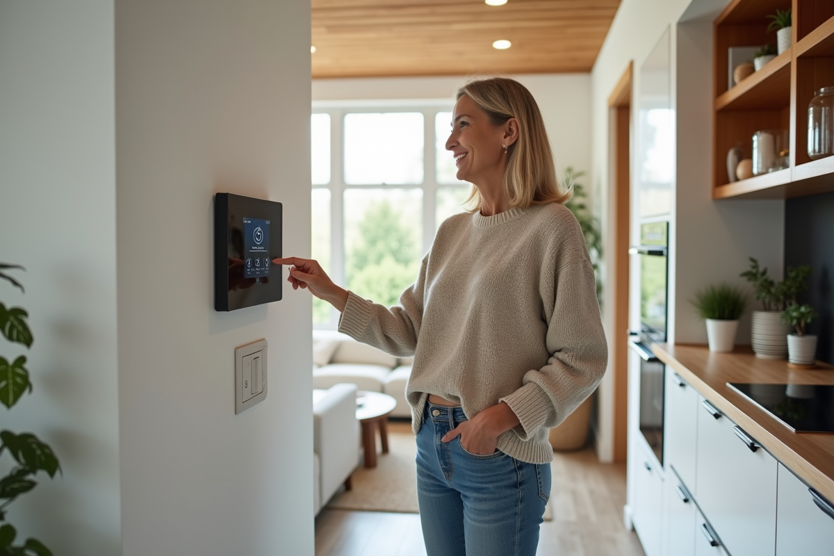 Femme d'âge moyen utilisant un panneau de contrôle domotique dans sa cuisine moderne