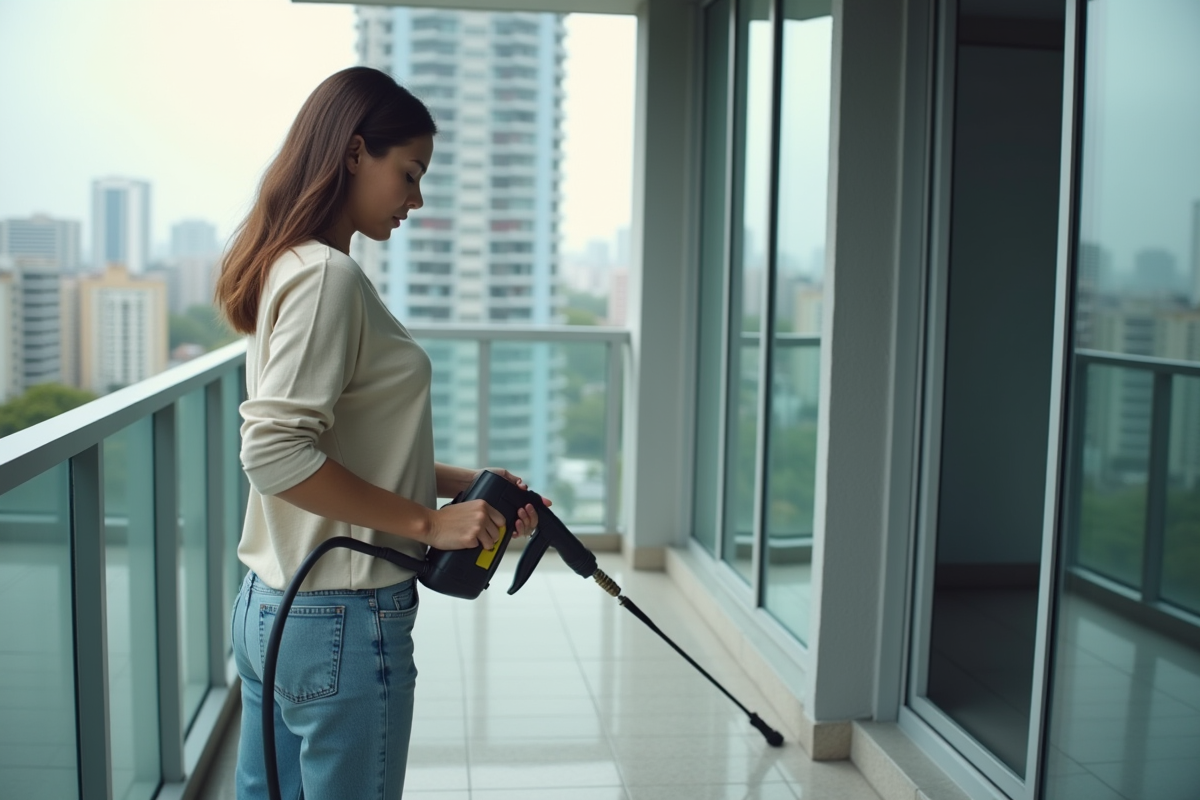 Jeune femme nettoyant un balcon d appartement avec un nettoyeur compact