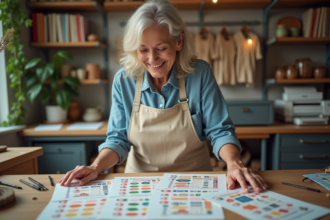 Femme arrangeant des étiquettes colorées sur un bureau vintage