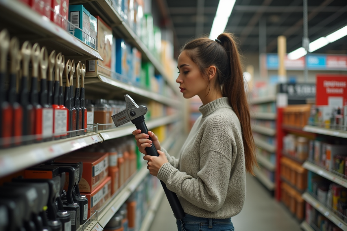 Femme compare deux outils dans un rayon de magasin