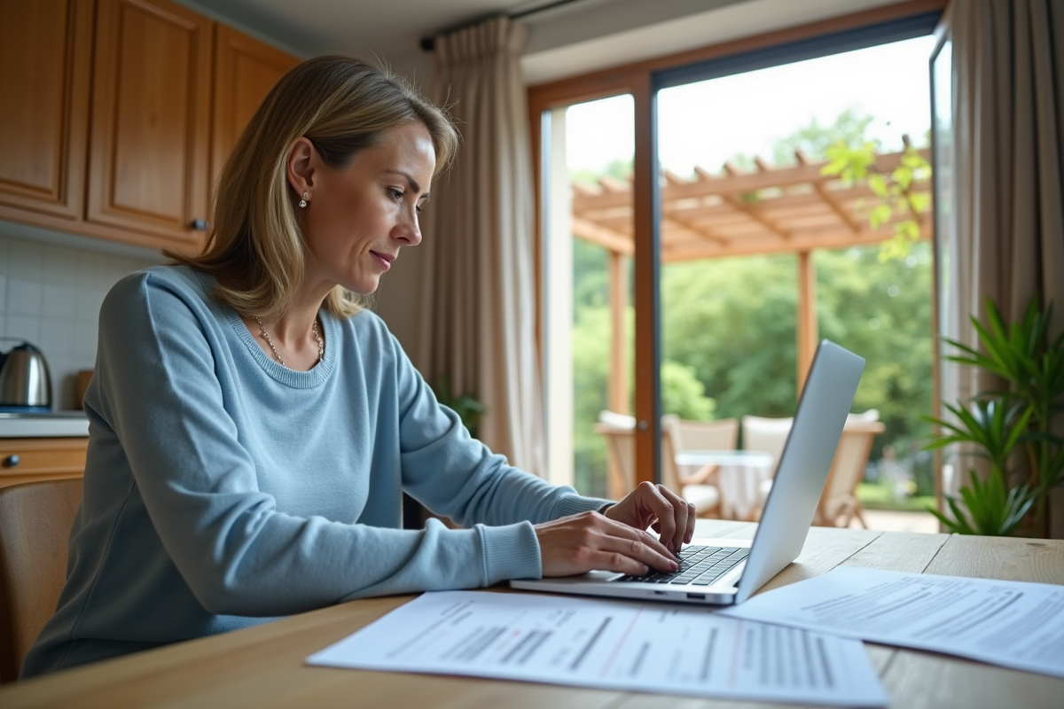 Femme en intérieur remplissant des formulaires administratifs à la cuisine