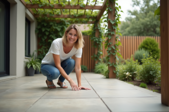 Femme en été touchant des tuiles en extérieur