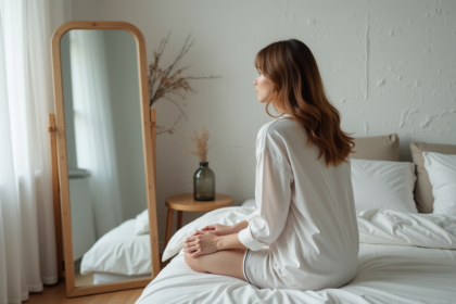 Femme en pyjama regardant dans un miroir dans la chambre