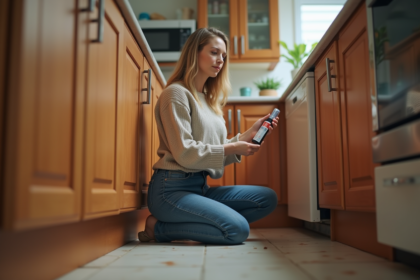 Femme d'âge moyen avec répulsif dans la cuisine