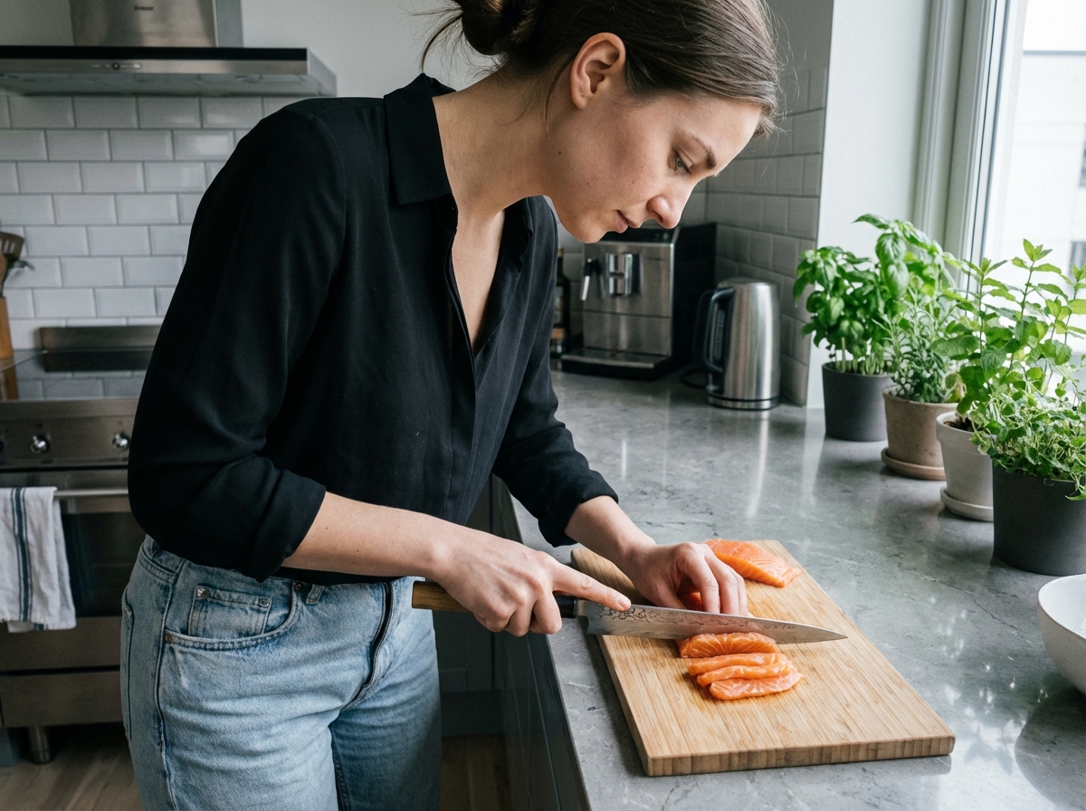 Jeune femme coupant du sashimi dans une cuisine moderne