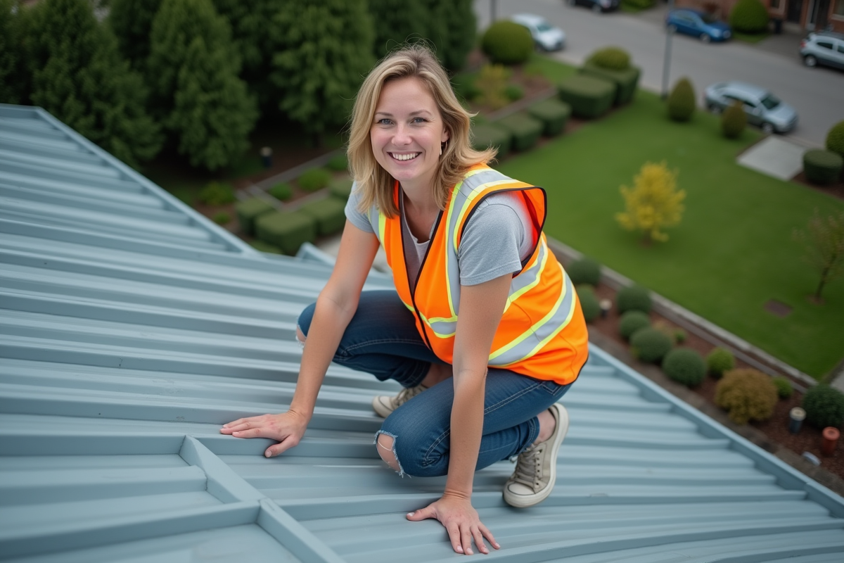 Femme en vestiaire de sécurité sur un toit en métal moderne