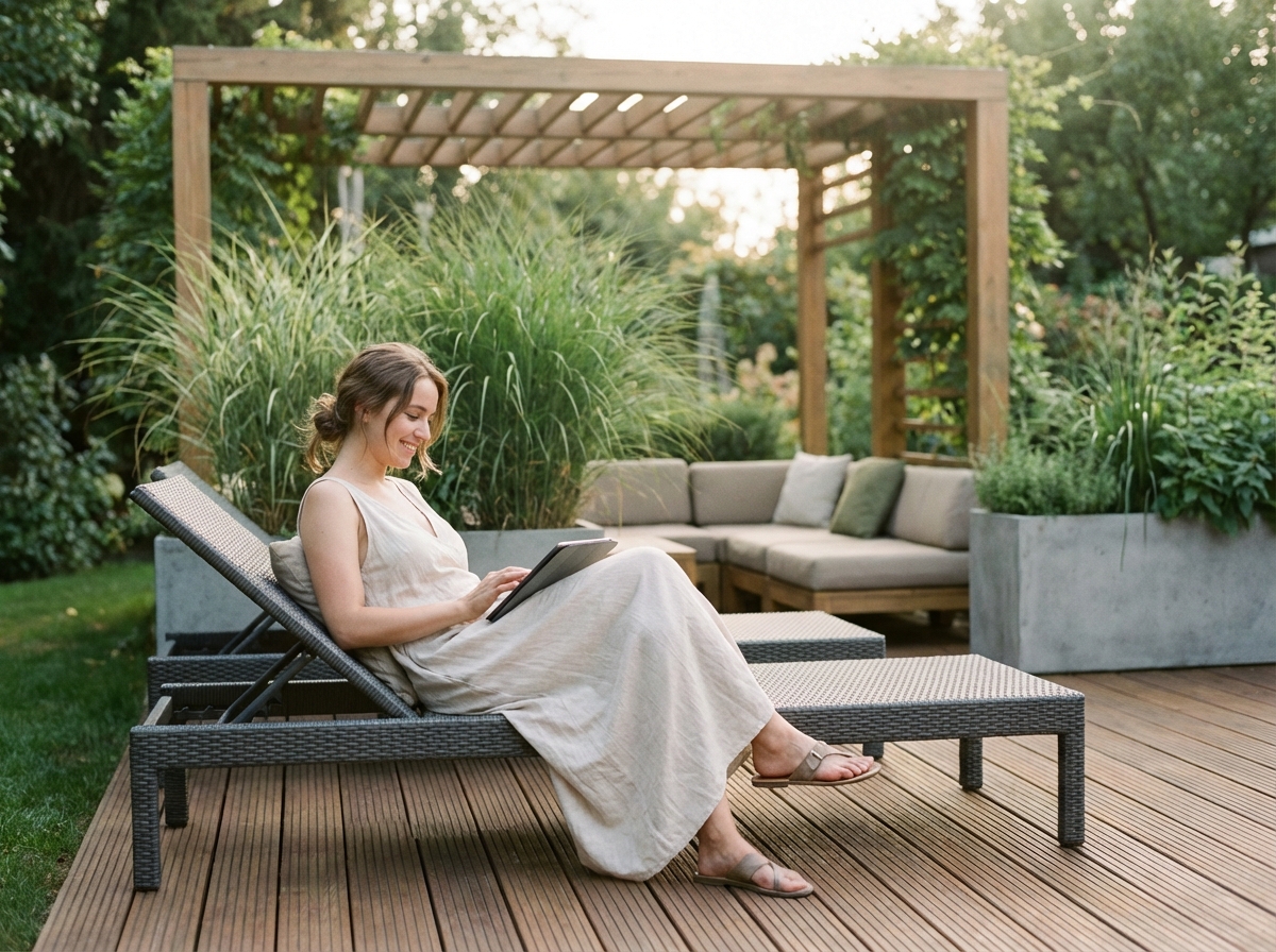 Jeune femme relaxant sur un fauteuil en jardin avec tablette