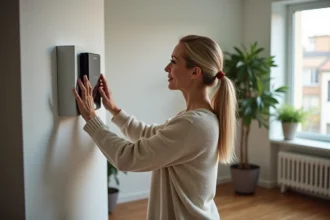 Femme ajustant un thermostat mural moderne dans son salon