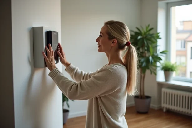 Femme ajustant un thermostat mural moderne dans son salon