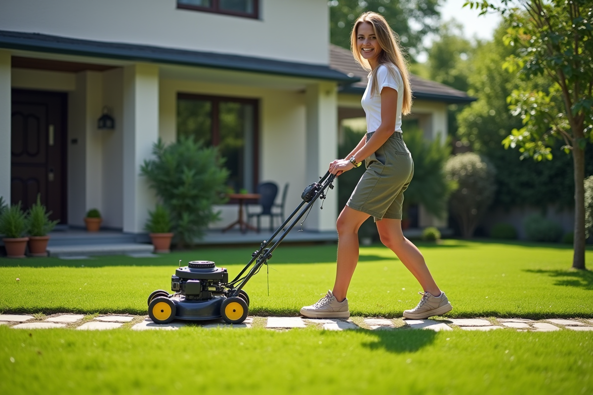 Jeune femme souriante tondant la pelouse avec une vieille tondeuse