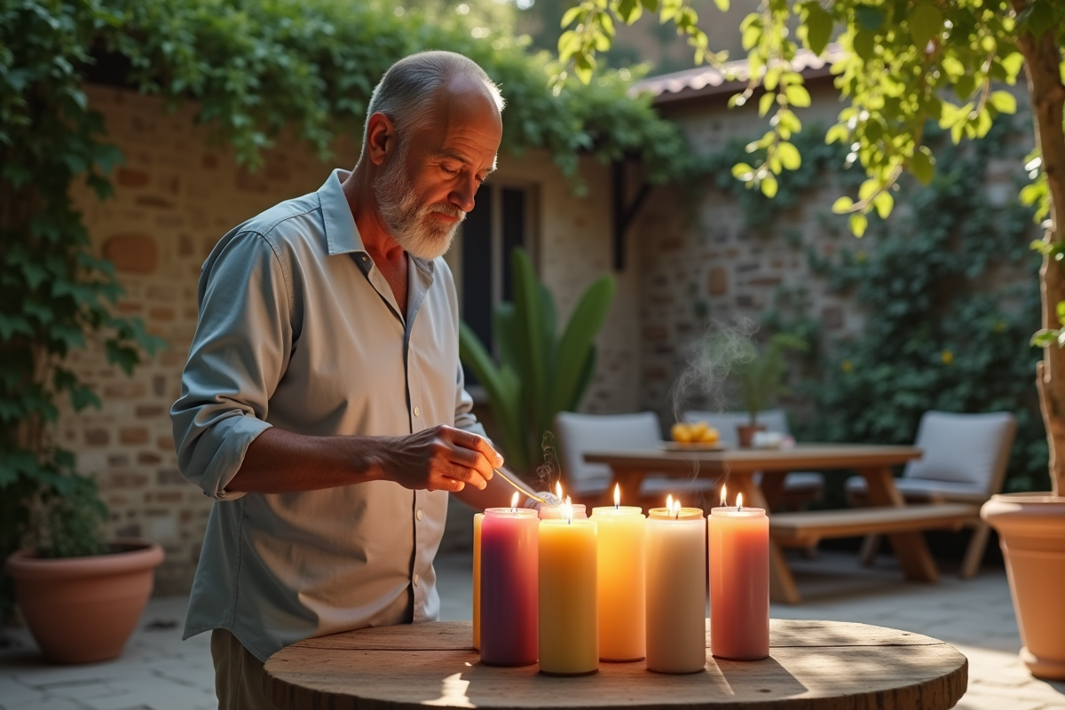 Homme allumant des bougies dans un jardin en plein air
