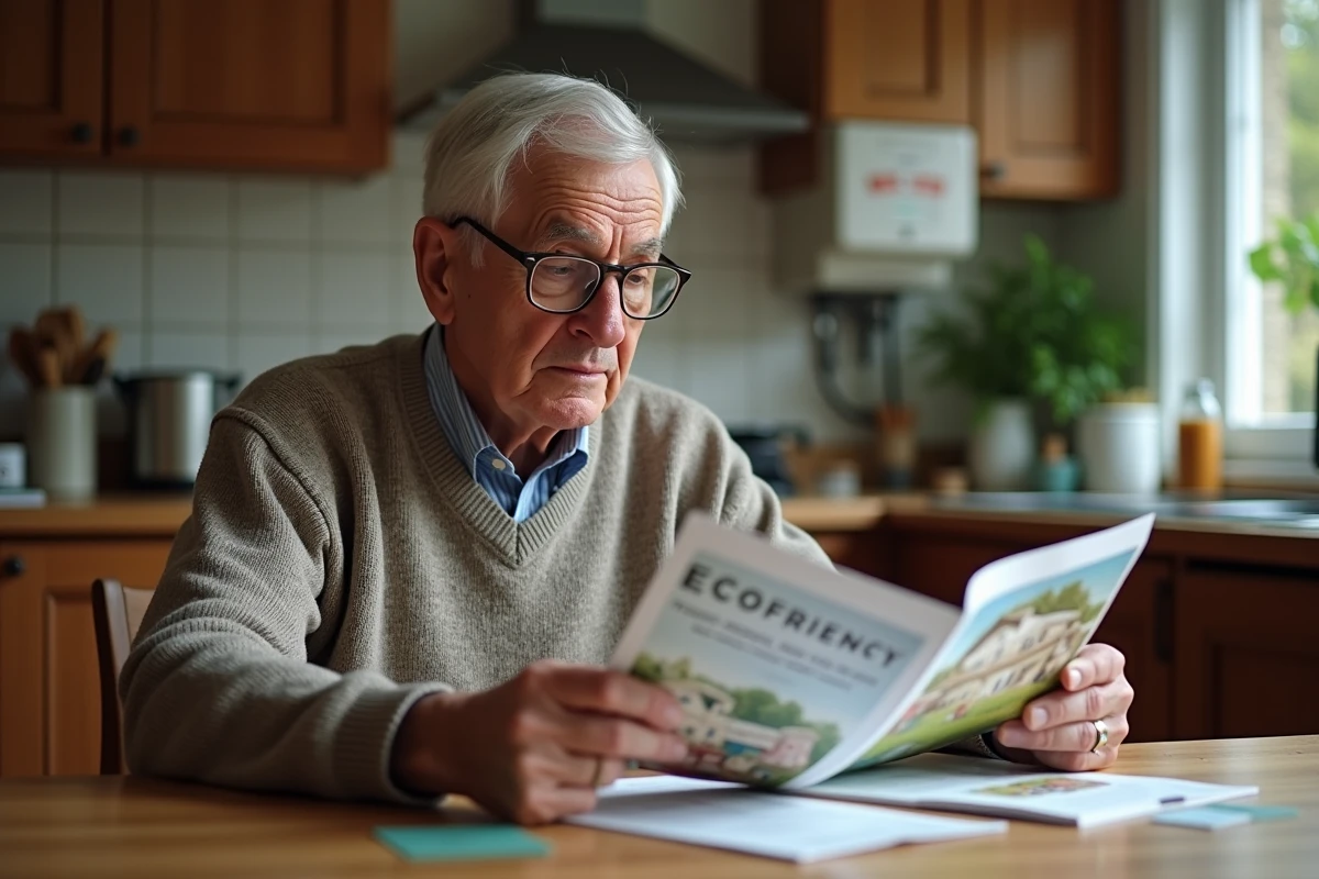 Homme lisant des brochures sur le chauffage écologique à la cuisine