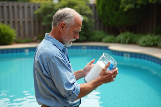 Homme d'âge moyen avec chlore piscine en main