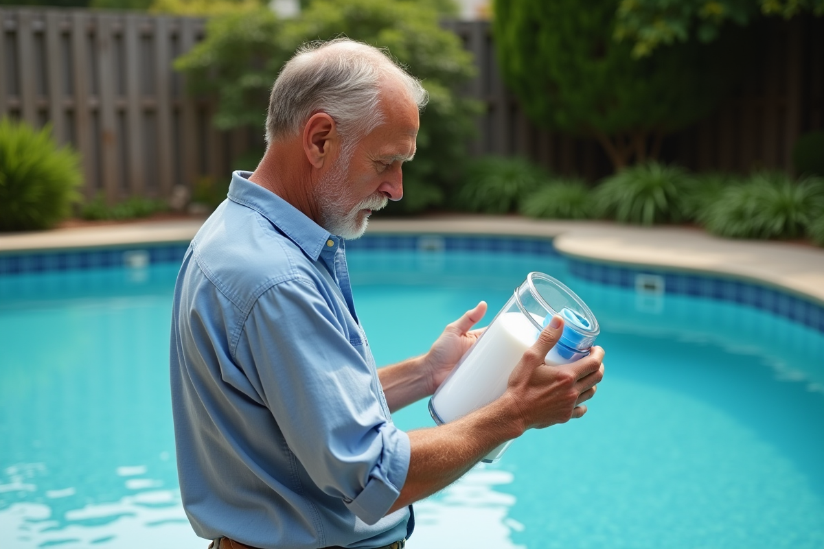 Homme d'âge moyen avec chlore piscine en main