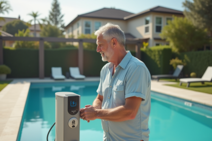 Homme d'âge moyen vérifiant le panneau de contrôle d'une piscine moderne